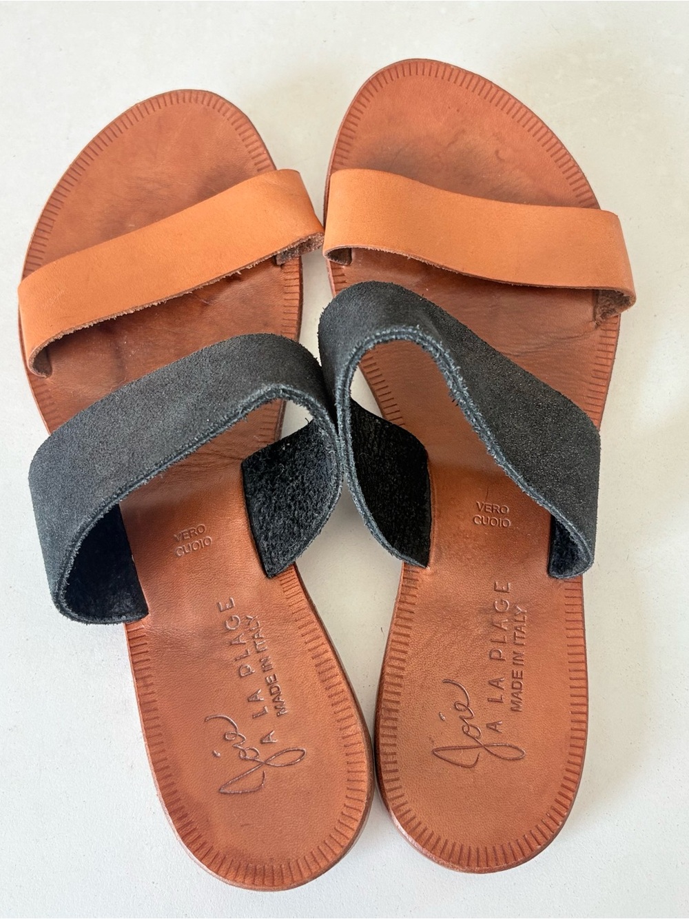 Joie A La Plage Brown Leather Sandals 2 Straps Italy Made Womens 37 US Size 6.5